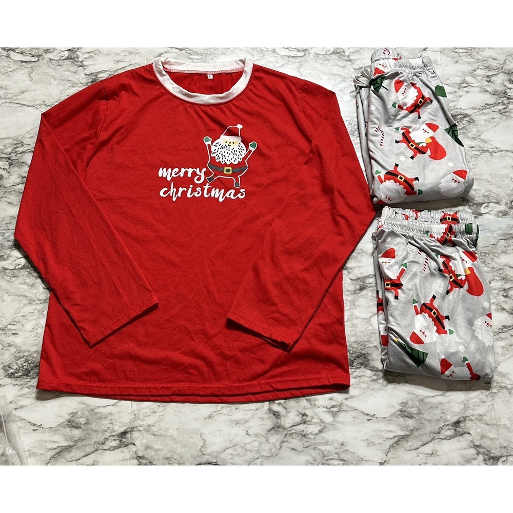 Pajamas Mens Set 3PC Santa Claus/Trees & Merry Christmas Print Sz L Multicolor